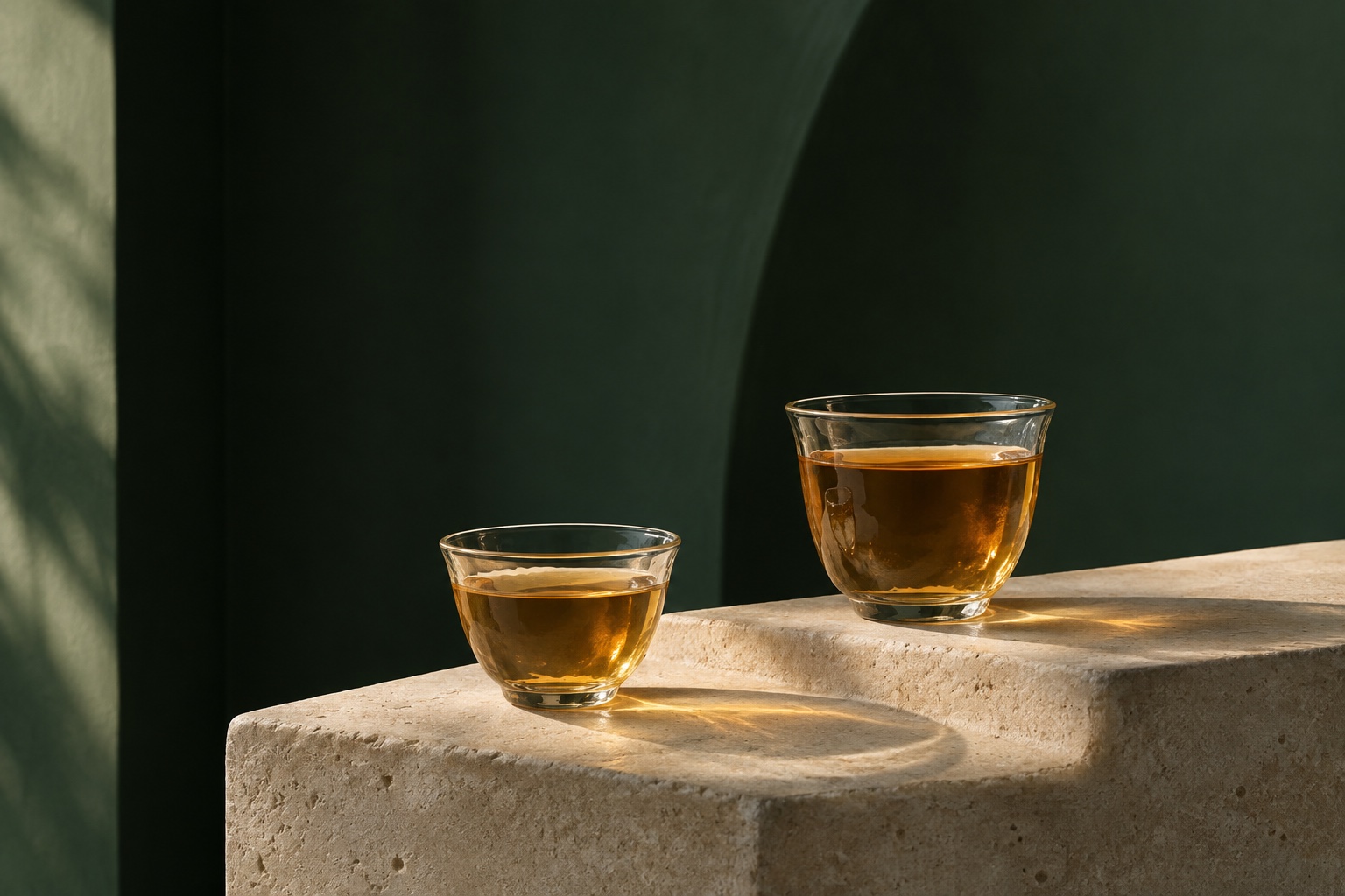 Two glasses of amber tea on a sculpted limestone plinth against a deep green backdrop