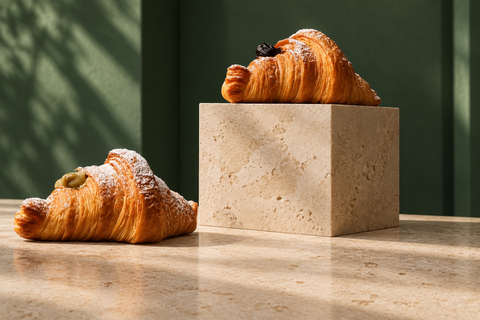 Two croissants in warm light against a deep green backdrop