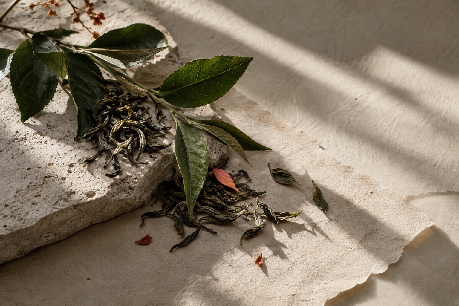 Tea leaves arranged on warm stone and textured paper