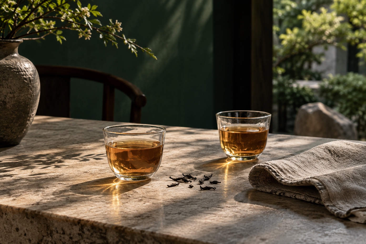Two glasses of tea set together on a sunlit stone table